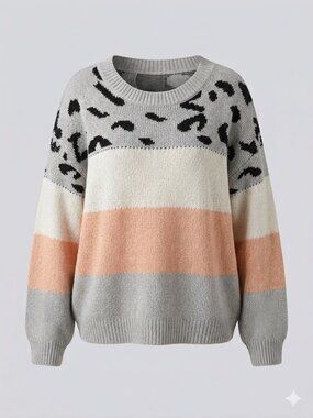 Shein Oversized Leopard Print Colorblock Sweater XL Coral Grey Boxy Cozycore